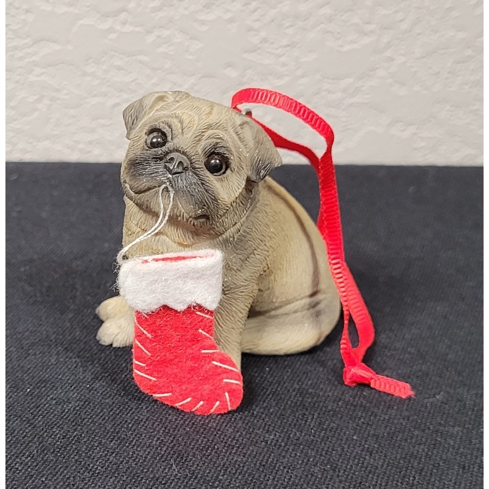 Sandicast Fawn Pug Christmas Dog Ornament with a Small Red Felt Stocking